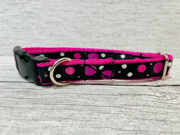 Black and Pink Spots Dots Dog Collar - Handmade in the UK